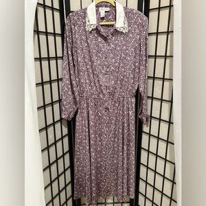 BLAKE ELIZABETH VINTAGE Floral Purple Long Sleeve Dress with White Collar SIZE14